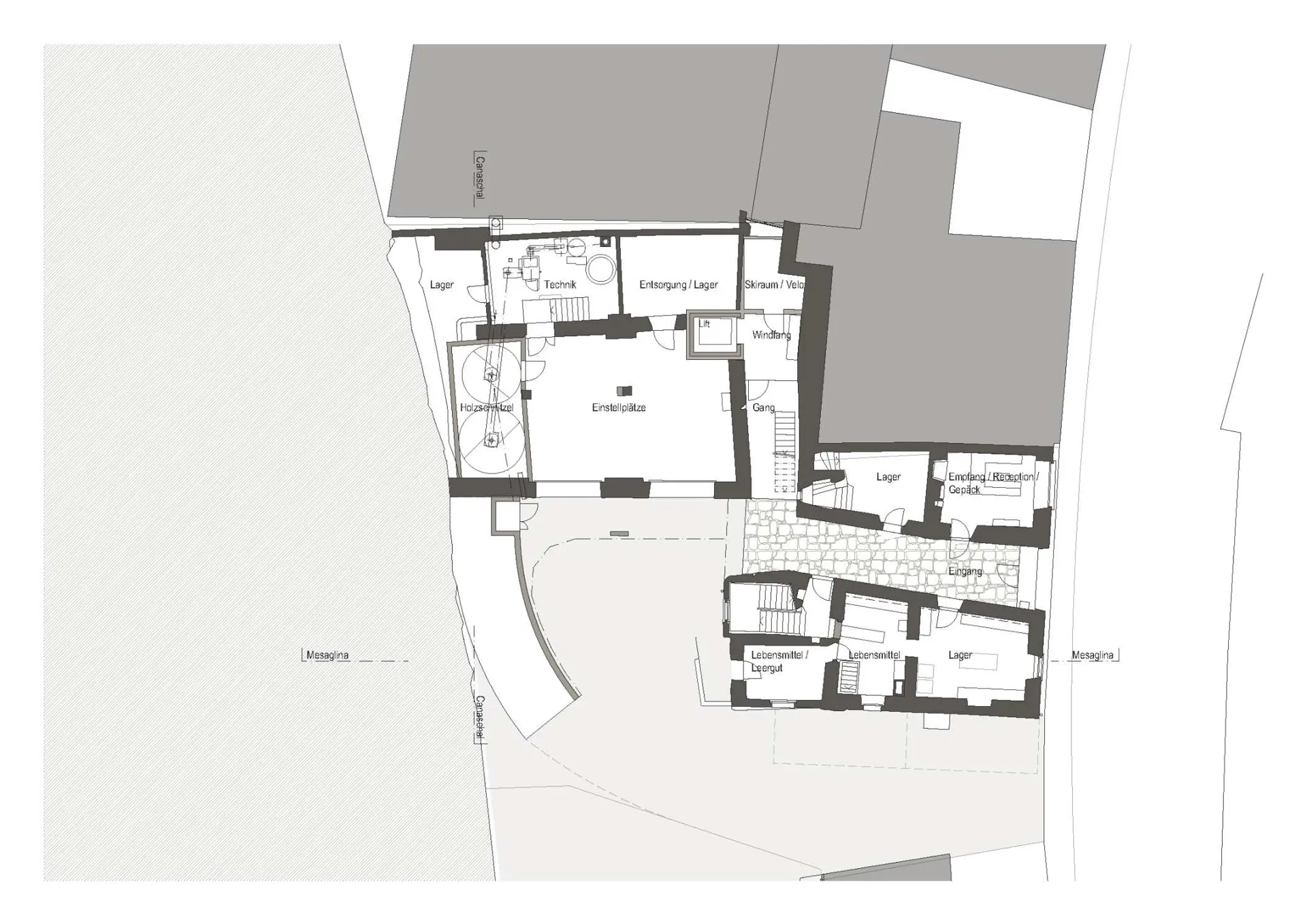 34_Umbau_Bergwaldzentrum mit Jugendherberge Mesaglina Via Principala Trin_Grundriss Erdgeschoss